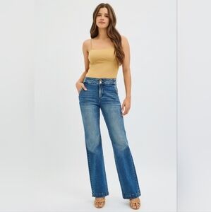 Risen High Rise Dark Wash Double Button  Bootcut Wide Hem Trouser Jeans 1/25